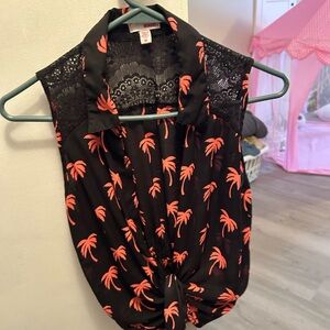 BONGO Black and Coral Palm Print Blouse